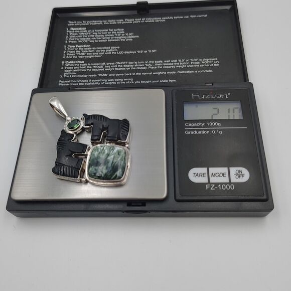 Vintage Sajen Sterling Silver 925 Carved Horse Onyx Seraphinite Peridot Pendant - Picture 12 of 14